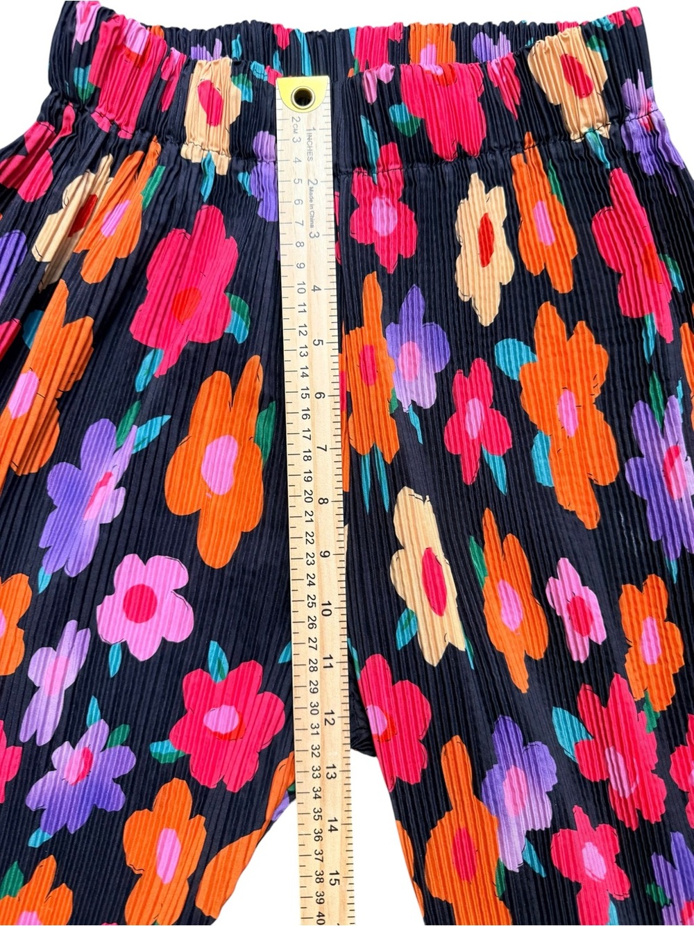 Floral Plisse Wide Leg Pants Black Multicolor High Rise Elastic Waist S - Picture 5 of 8